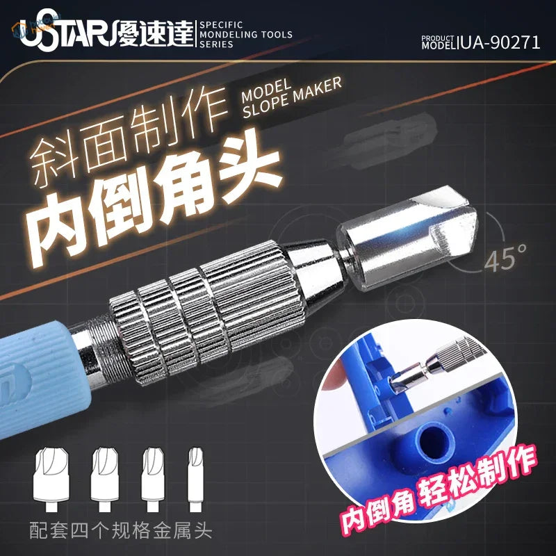Silver and blue circular chamfering tool for 45-degree bevels