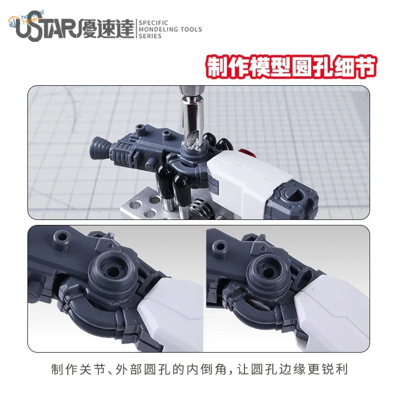 Circular chamfering tool drilling holes in black and white model kit joint