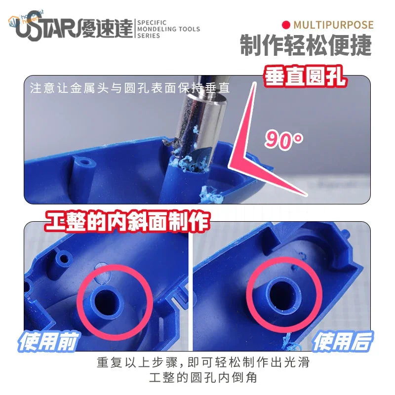 Blue circular chamfering tool with precision drill bit for 90-degree holes