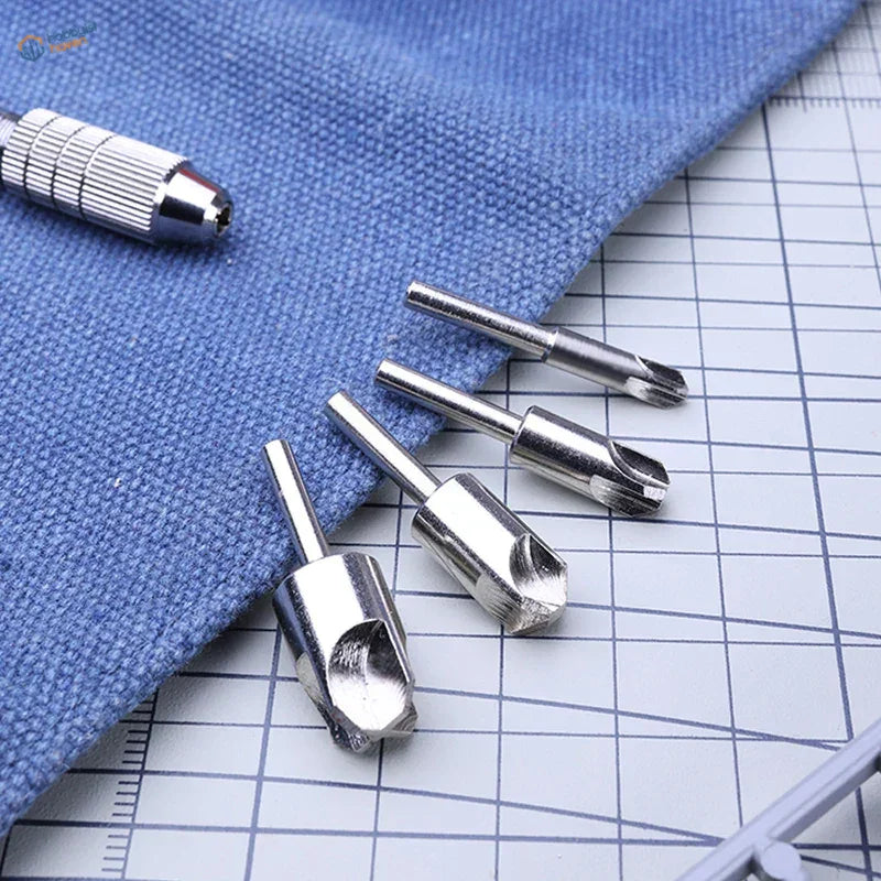 Circular chamfering tool drill bits with precision hobby tool on blue cloth