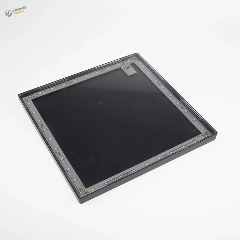 Clear acrylic display box with black square LED panel and edge lights