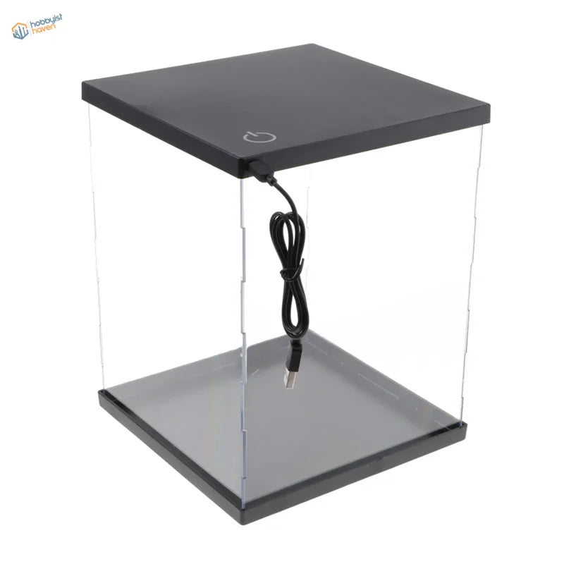 Clear acrylic display box with black frame, LED lights, USB cable