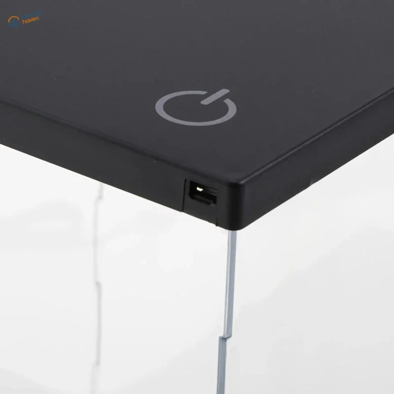 Clear acrylic display box with black LED light table and USB port