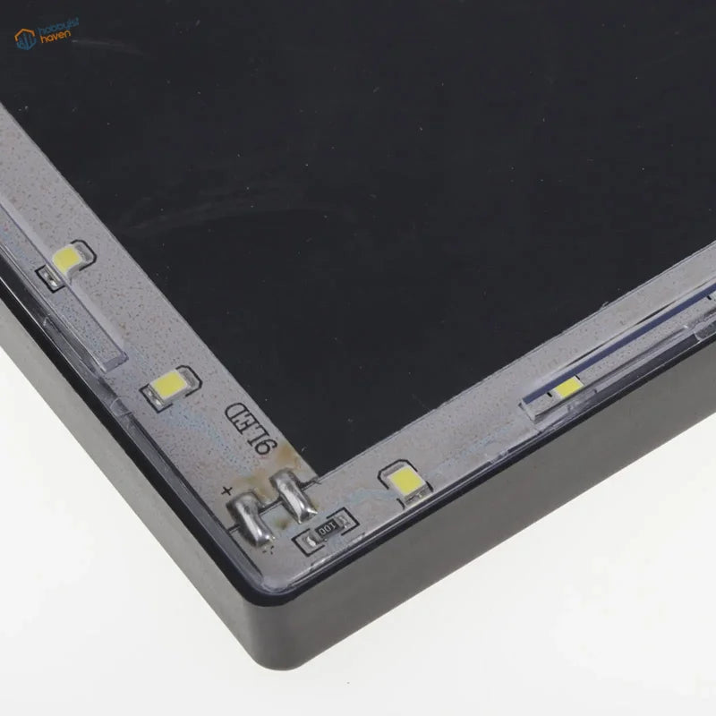 Clear acrylic display box with black LCD screen and yellow LED lights
