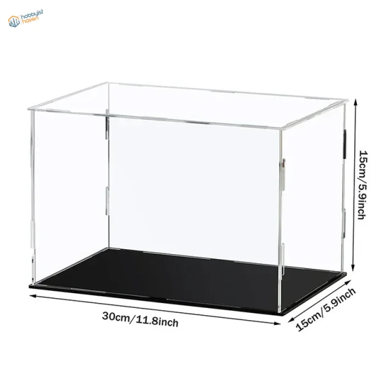 Clear acrylic display case with black base