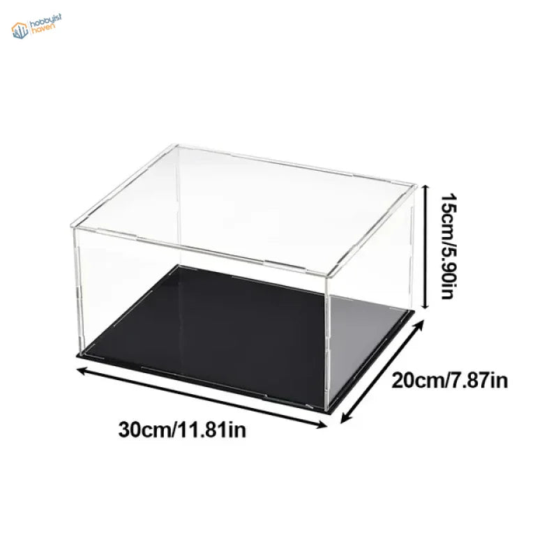 Clear acrylic display case with black base