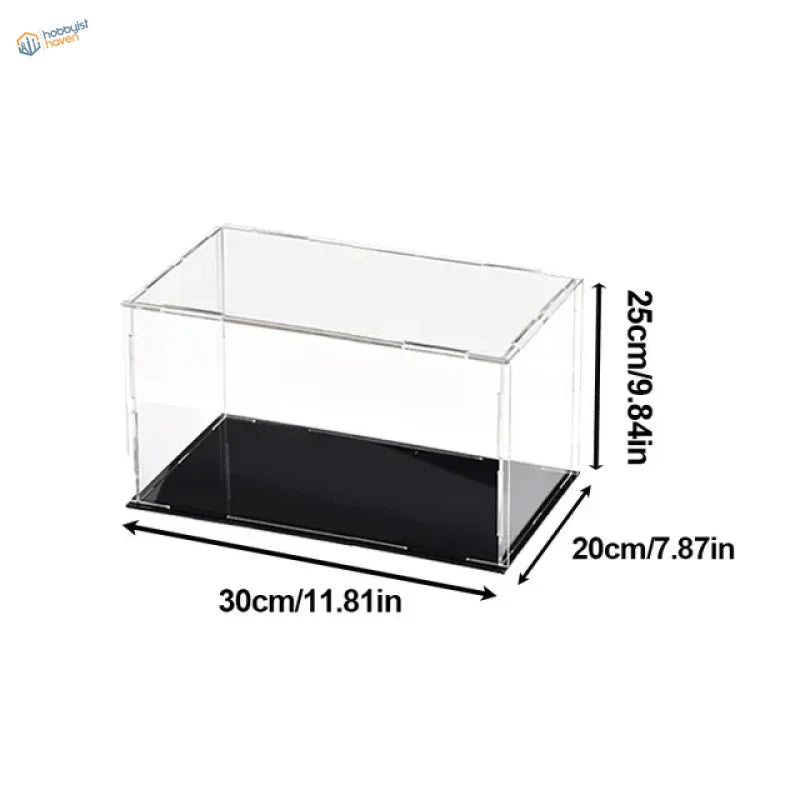 Clear acrylic display case with black base