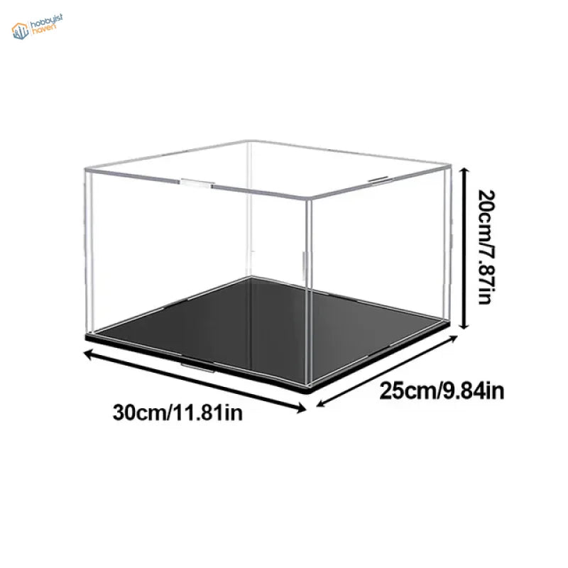 Clear acrylic display case with black base and silver trim
