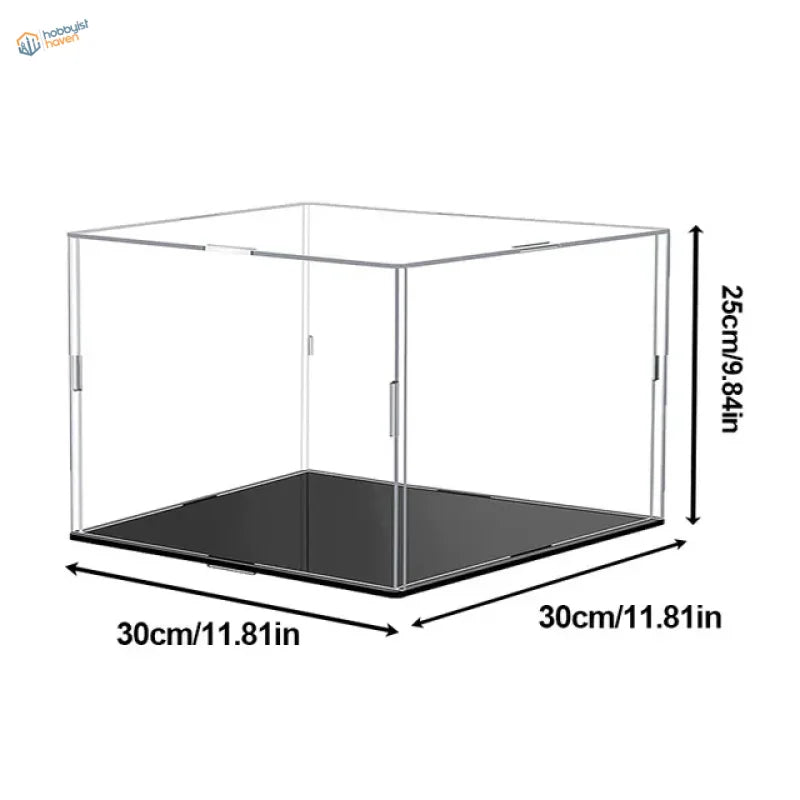 Clear acrylic display case with black base and silver hinges