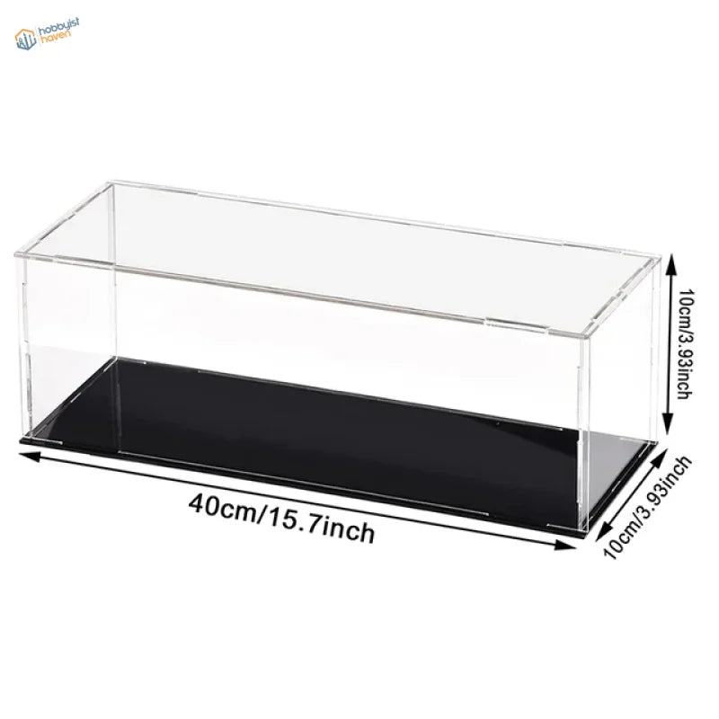 Clear acrylic display case with black base