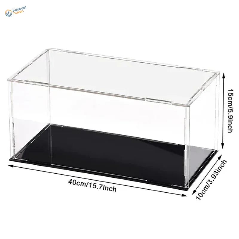 Clear acrylic display case with black base