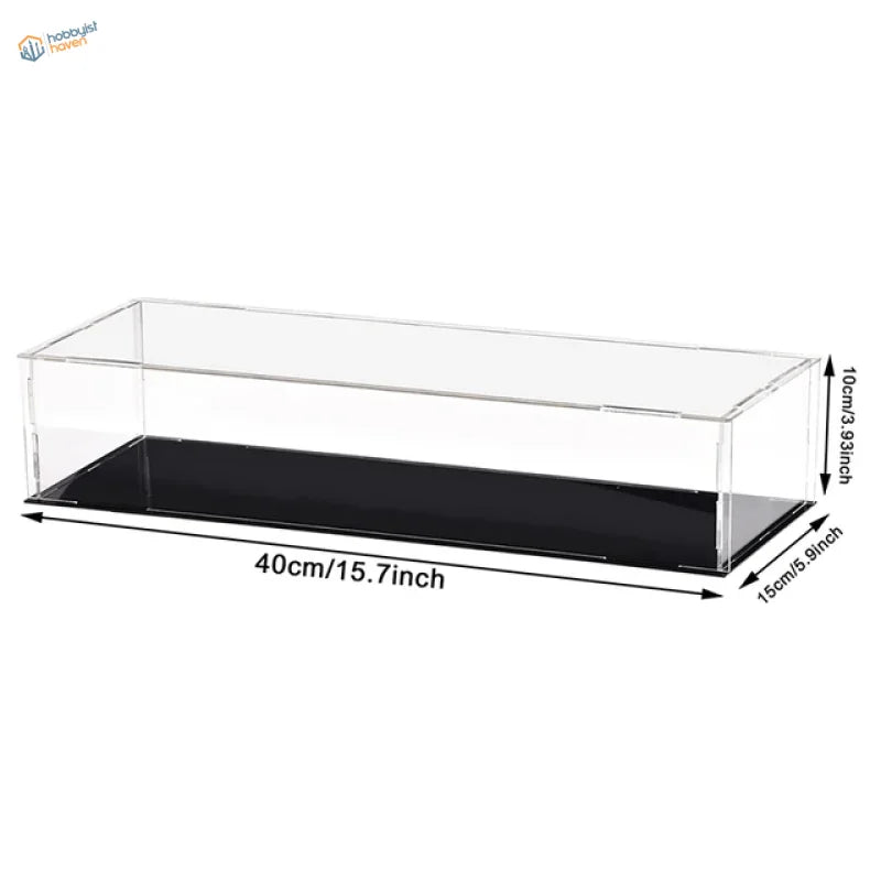 Clear acrylic display case with black base
