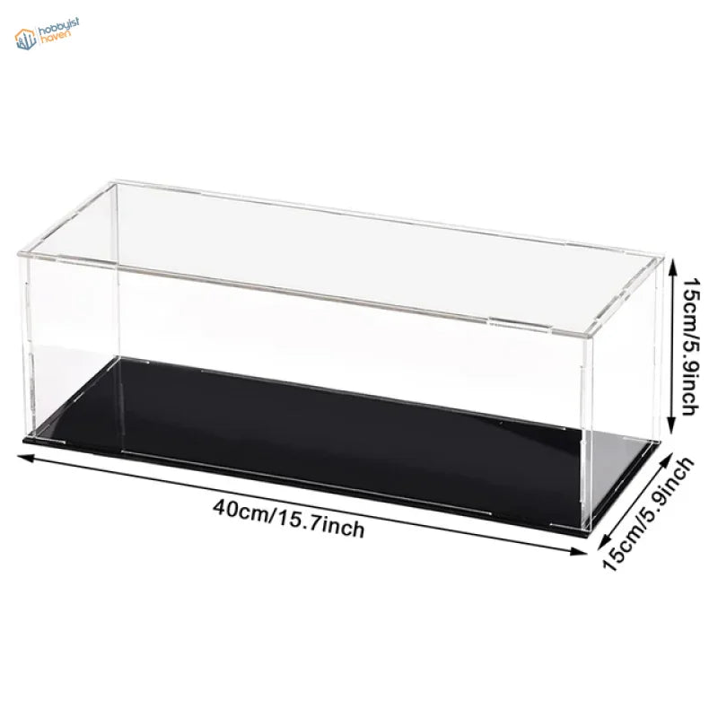Clear acrylic display case with black base