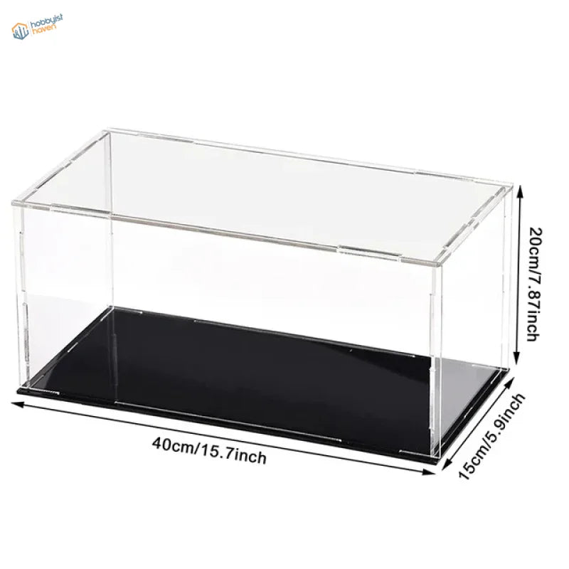 Clear acrylic display case with black base