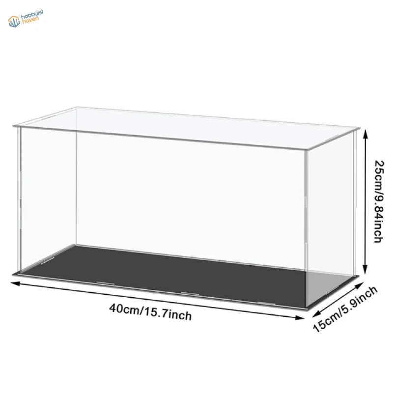 Clear acrylic display case with black base