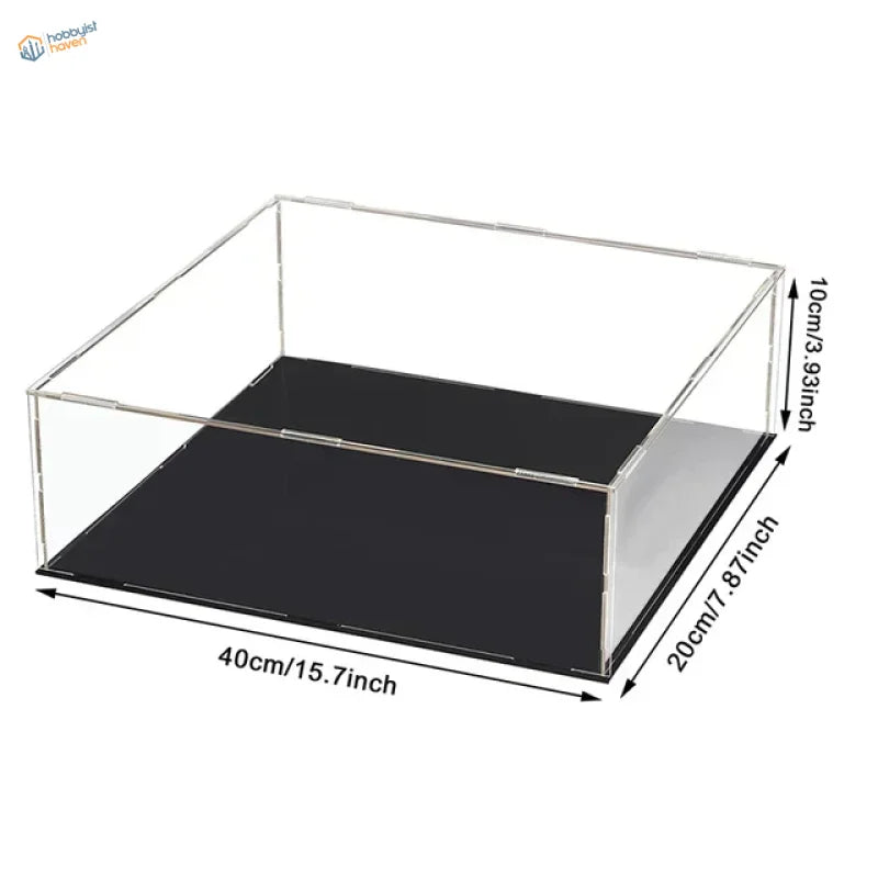 Clear acrylic display case with black base
