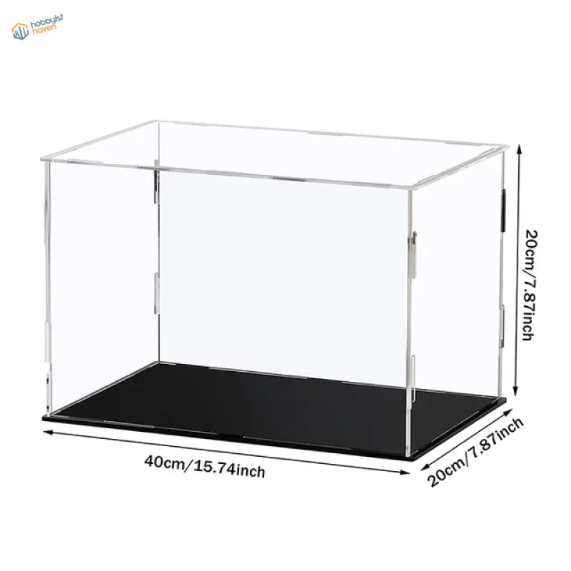 Clear acrylic display case with black base