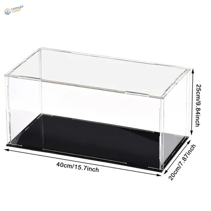 Clear acrylic display case with black base