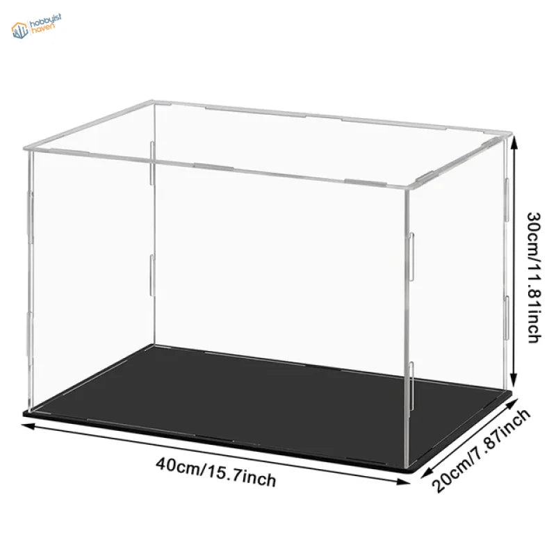 Clear acrylic display case with black base