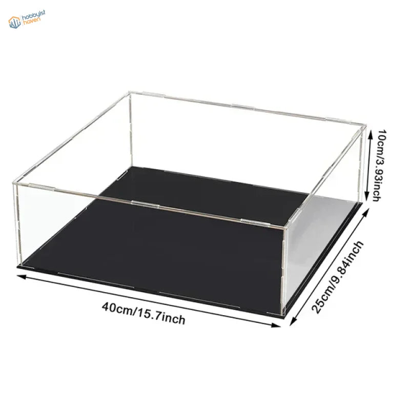 Clear acrylic display case with black base