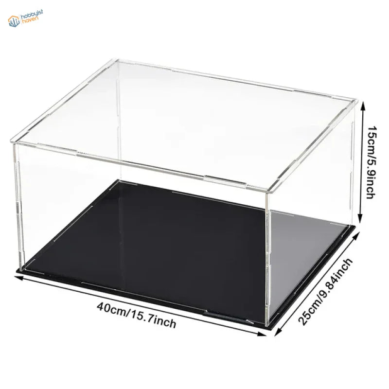Clear acrylic display case with black base