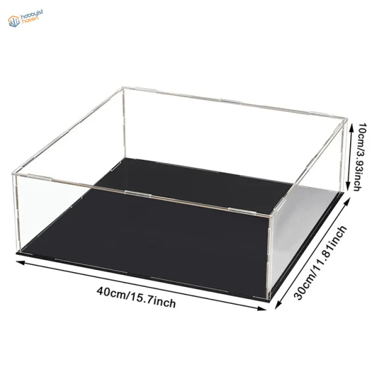 Clear acrylic display case with black base