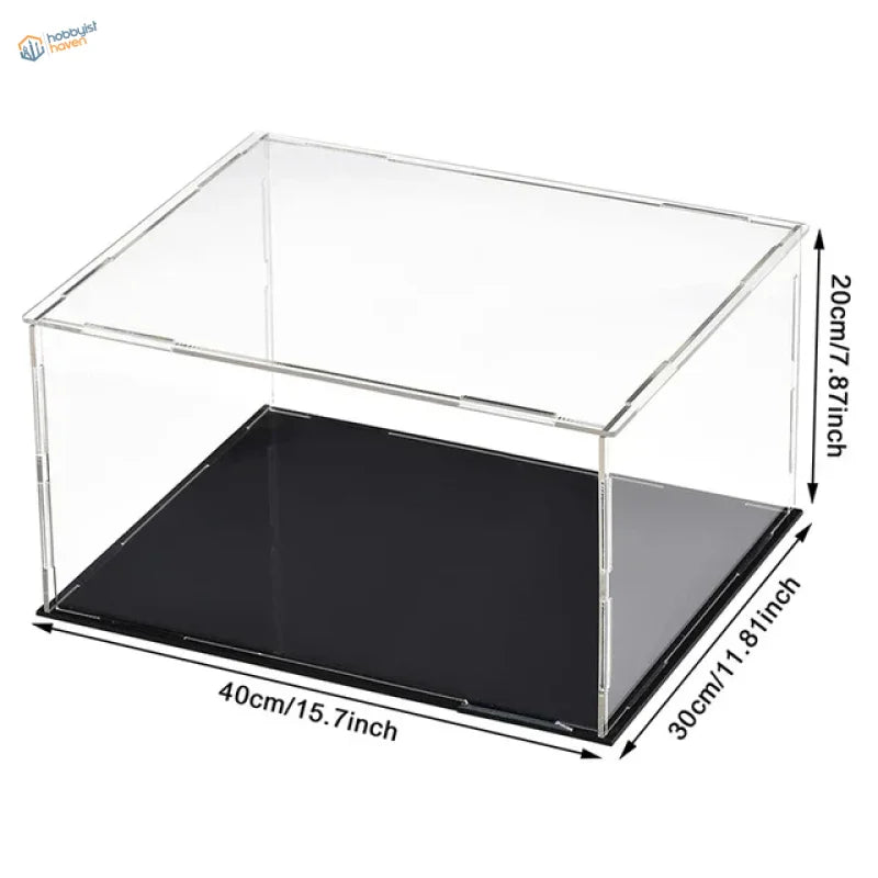 Clear acrylic display case with black base