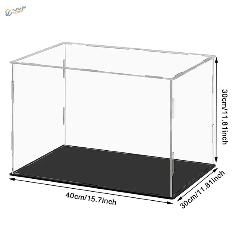 Clear acrylic display case with black base