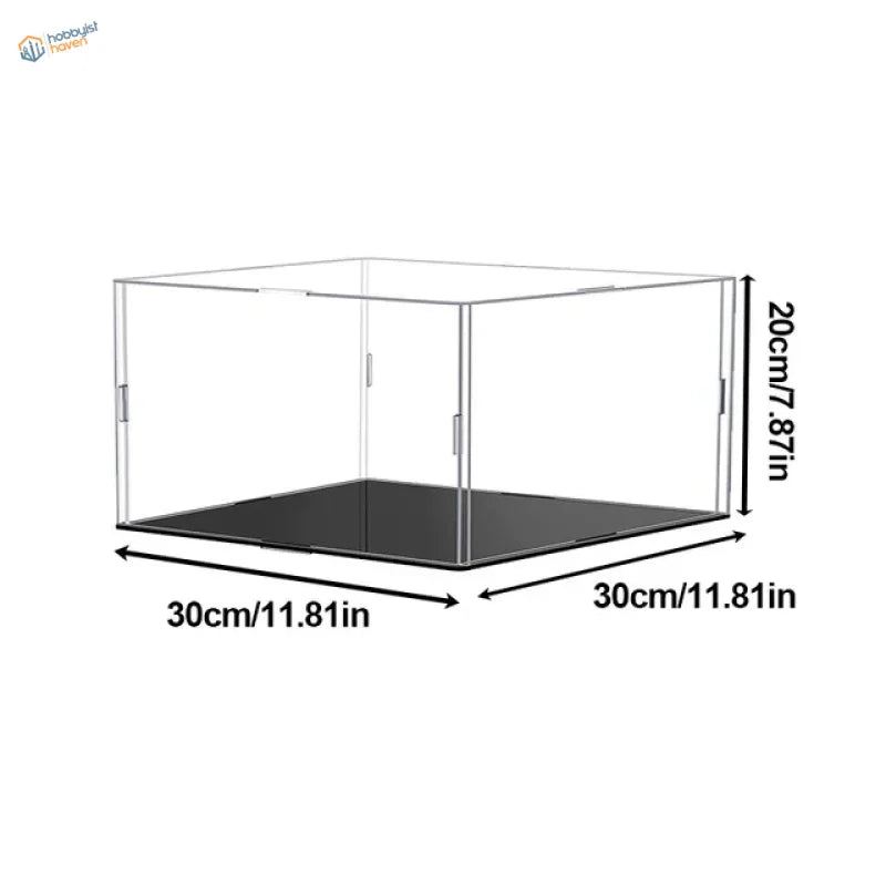 Clear acrylic display case with black base and silver hinges
