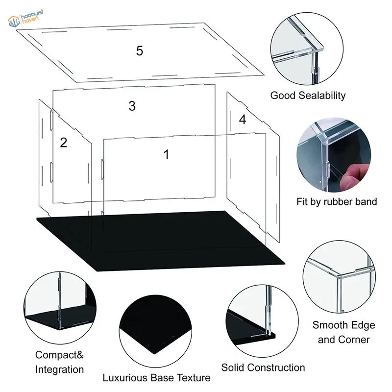 Clear acrylic display case with black base