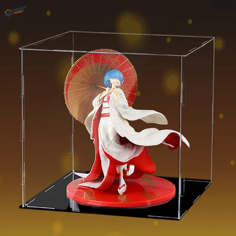 Anime figurine in clear acrylic display case with blue hair and red parasol