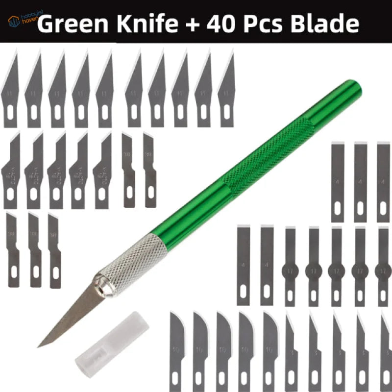Green-handled colorful aluminum knife set with 40 blades