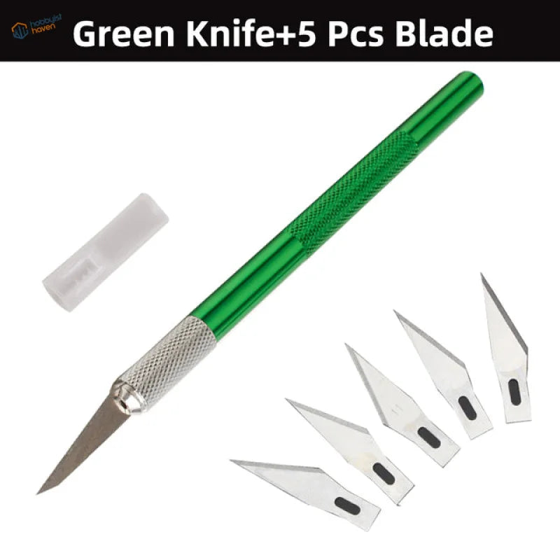 Green utility knife in colorful aluminum knife sets with 5 blades