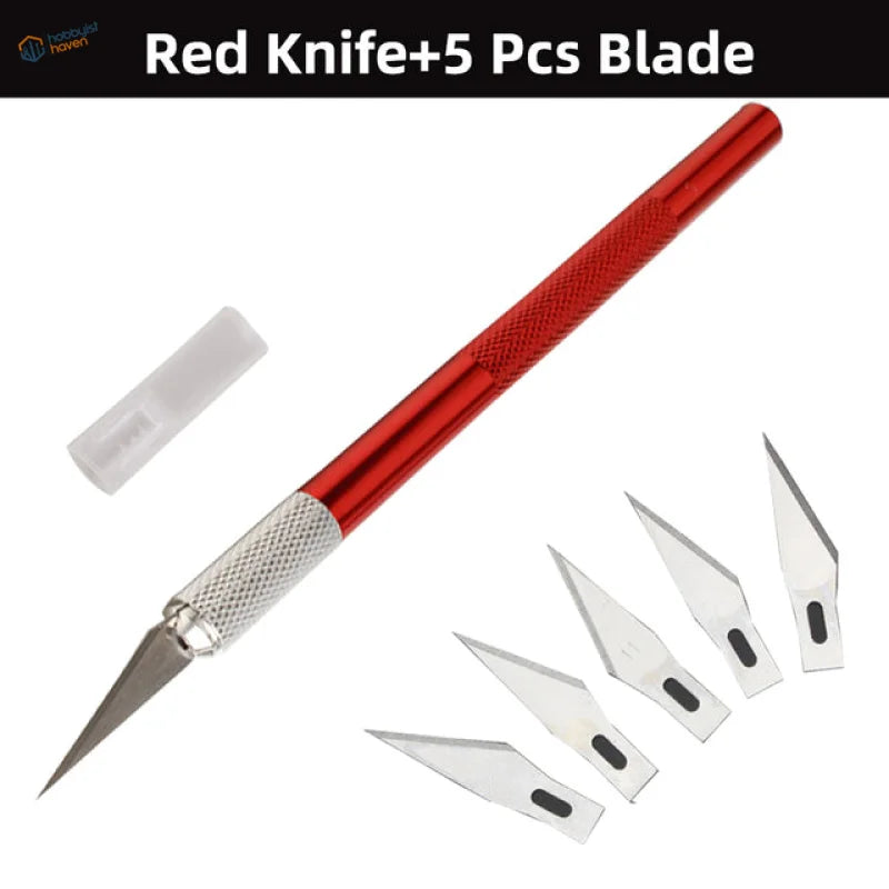 Red-handled colorful aluminum knife set with silver blade and 5 replacements