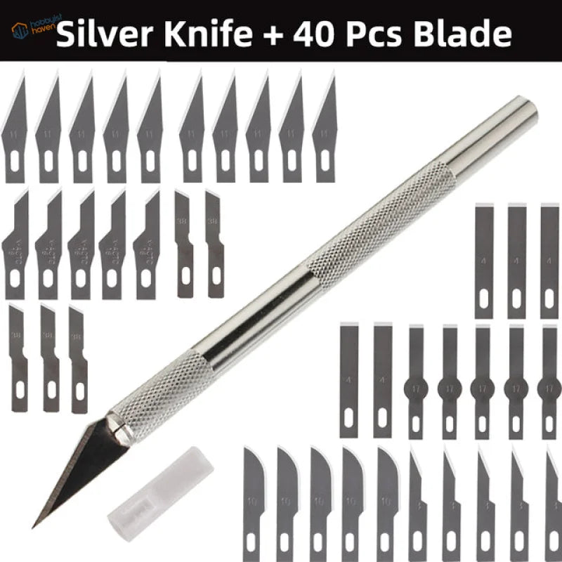 Silver craft knife with textured grip in colorful aluminum knife sets