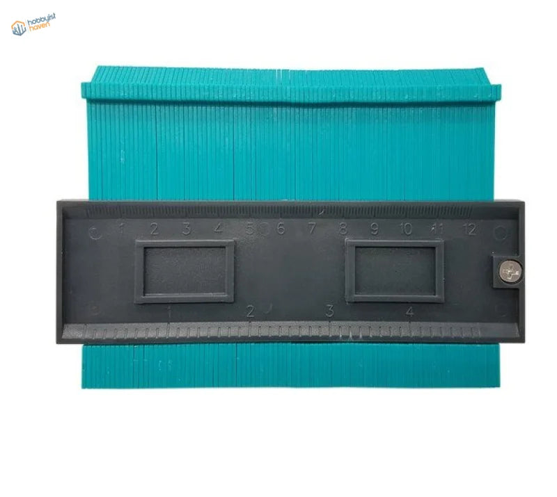 Teal Contour Copy Duplicator ruler with black scale and cutouts