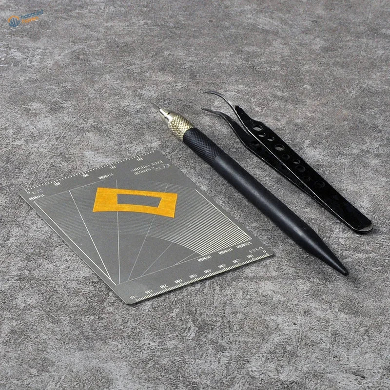 Cormake precision carving tool and tweezers on measuring mat for scale modeling tools