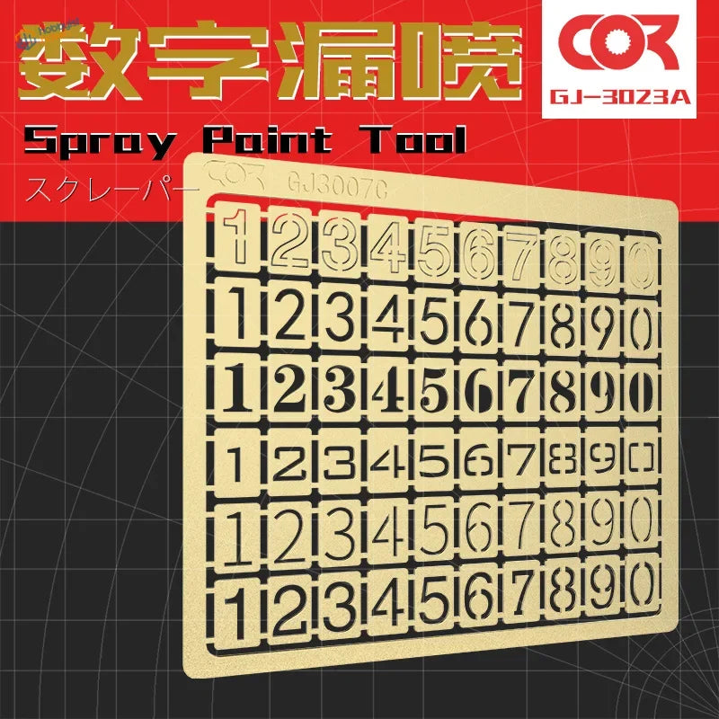 Cormake numeric stencils: beige plastic spray tool with black embossed numerals in 5 rows
