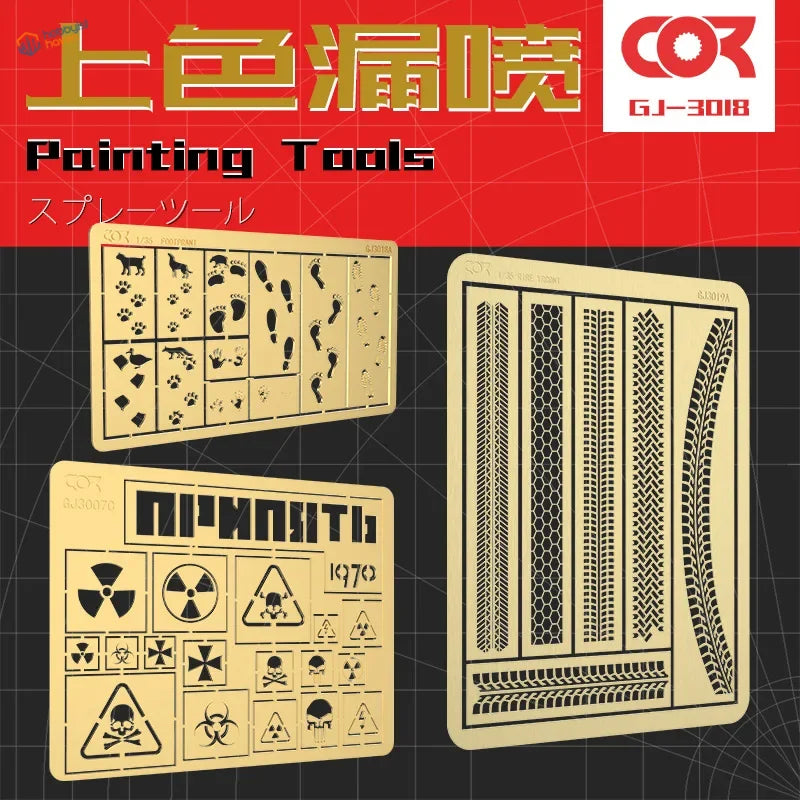 Cormake scenery effects stencils with tiny details: paw prints, tire tracks, symbols
