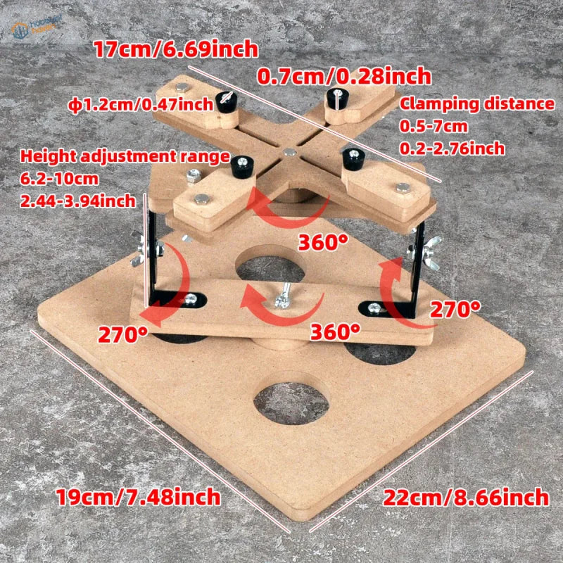 Adjustable wooden clamp with black metal parts and measurement markings in cormake universal clamp kit for model building tools