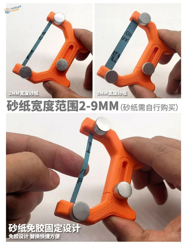 Curved surface sanding tool with orange holder, silver knobs, blue slot