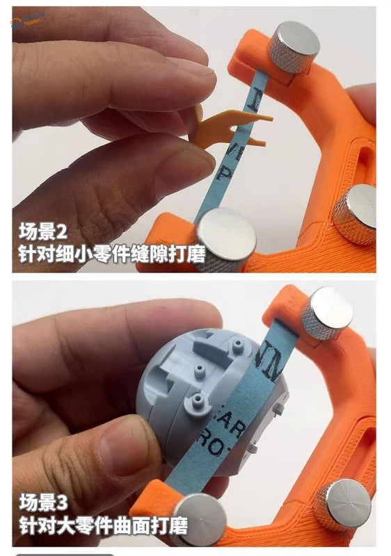 Curved surface sanding tool with orange plastic body and blue abrasive strip