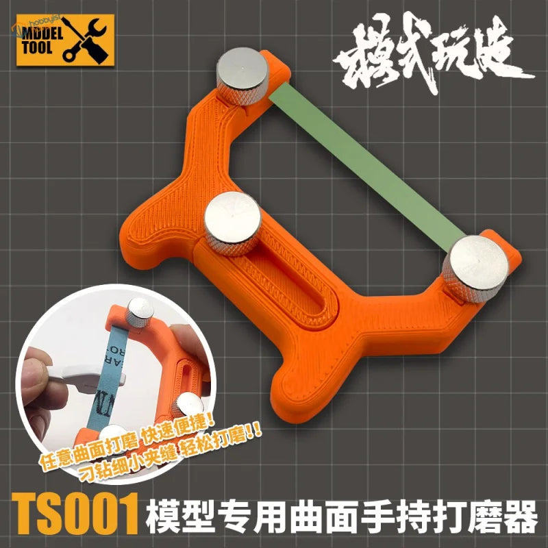 Orange curved surface sanding tool with green belt and silver knobs