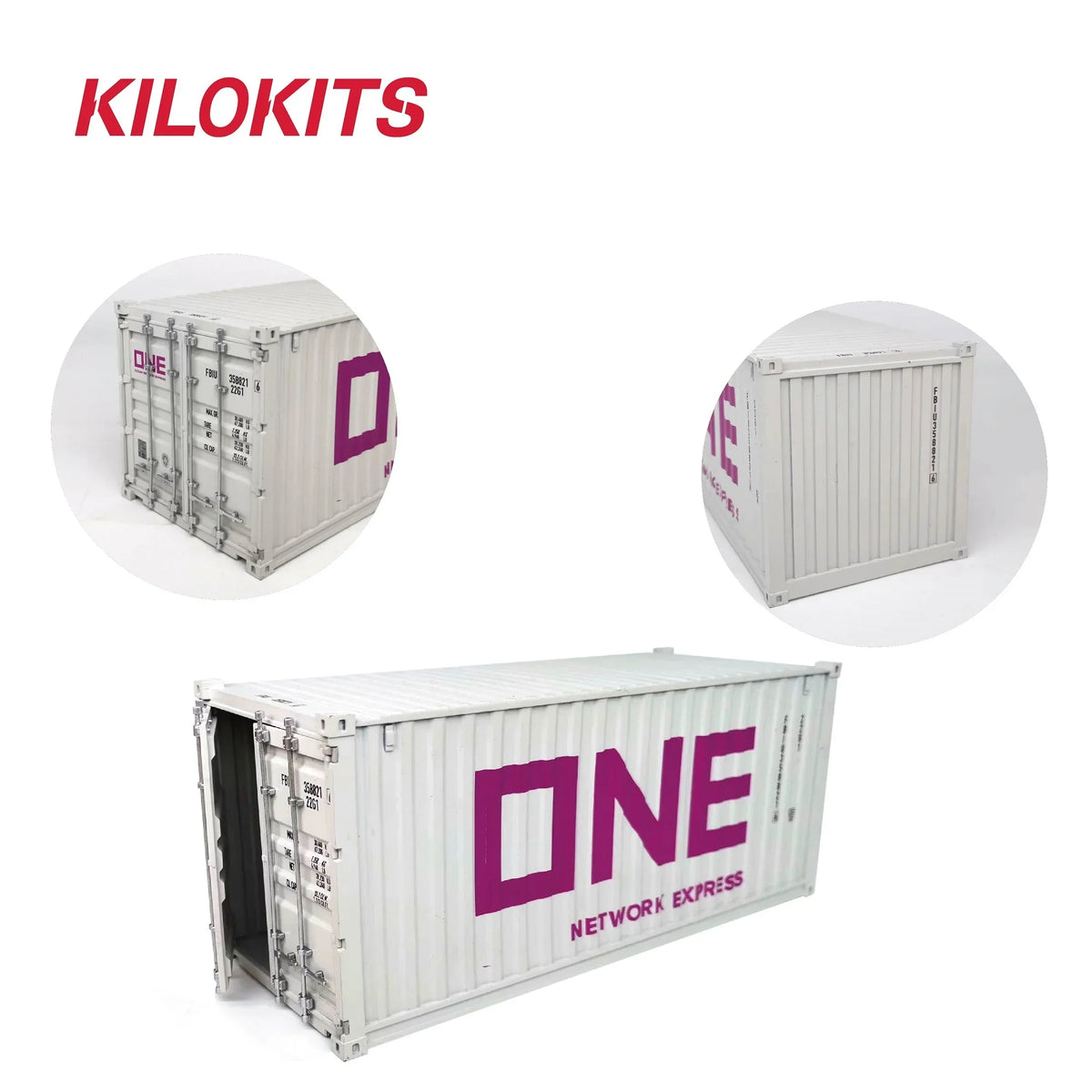White 1/35 20ft shipping container model kit with purple one network express branding and detailed metal fittings for precision hobby tools