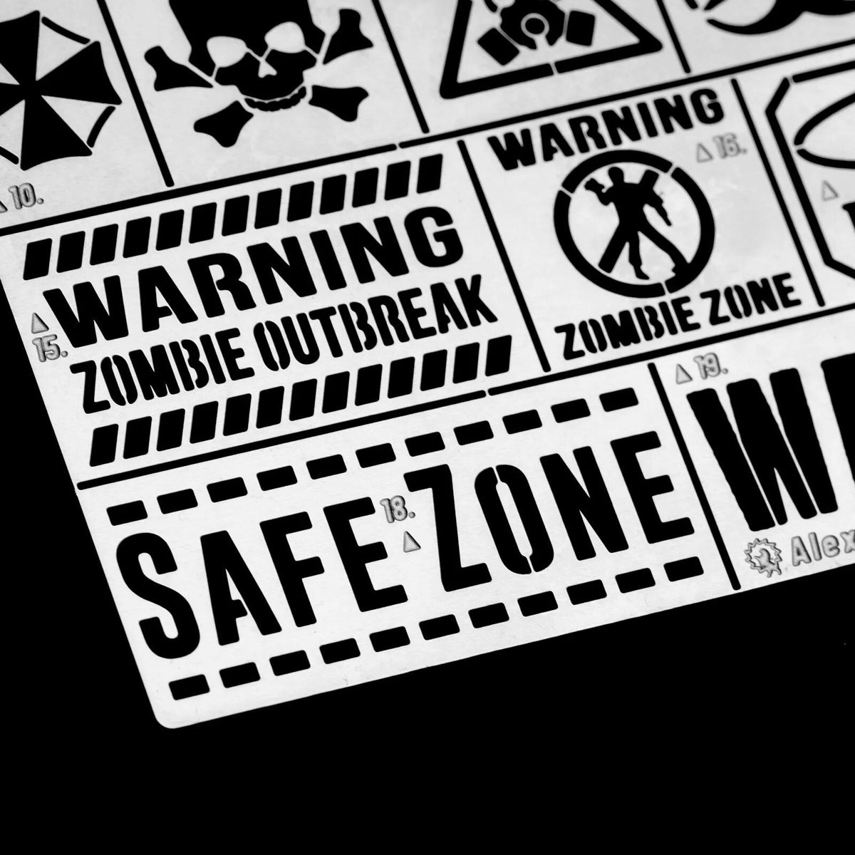 Zombie contamination stencil with warning zombie outbreak safe zone for scale modeling tools
