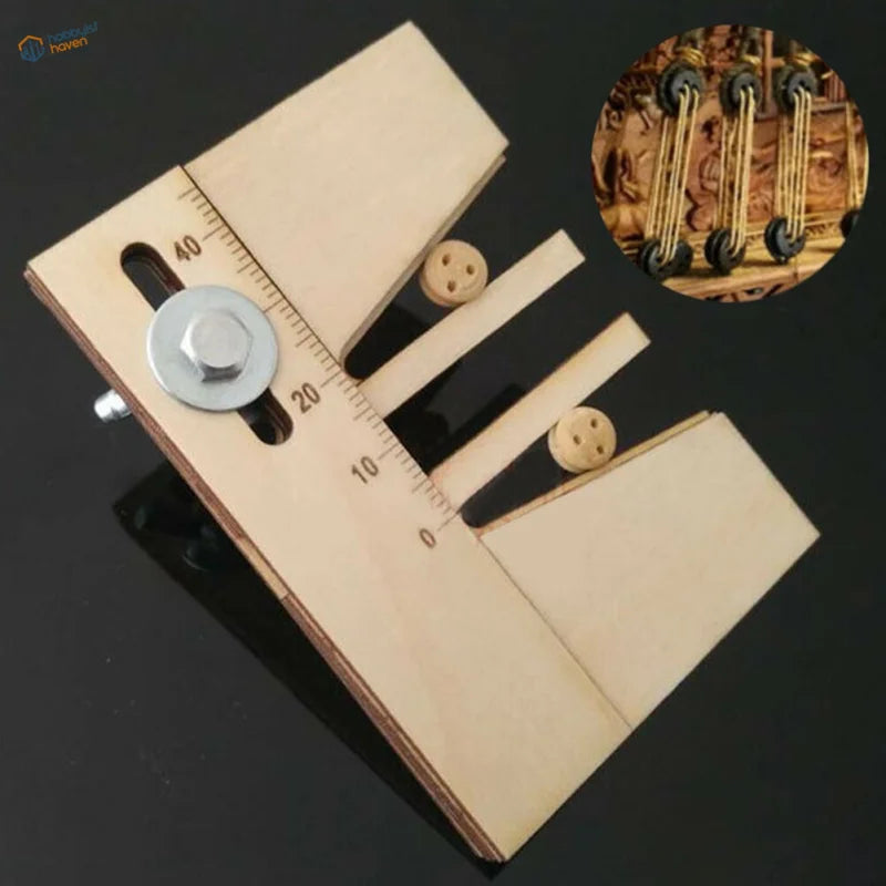 Deadeyes assembly tool, angled view with two 3-hole wooden deadeyes; inset shows finished deadeye rigging on a model ship