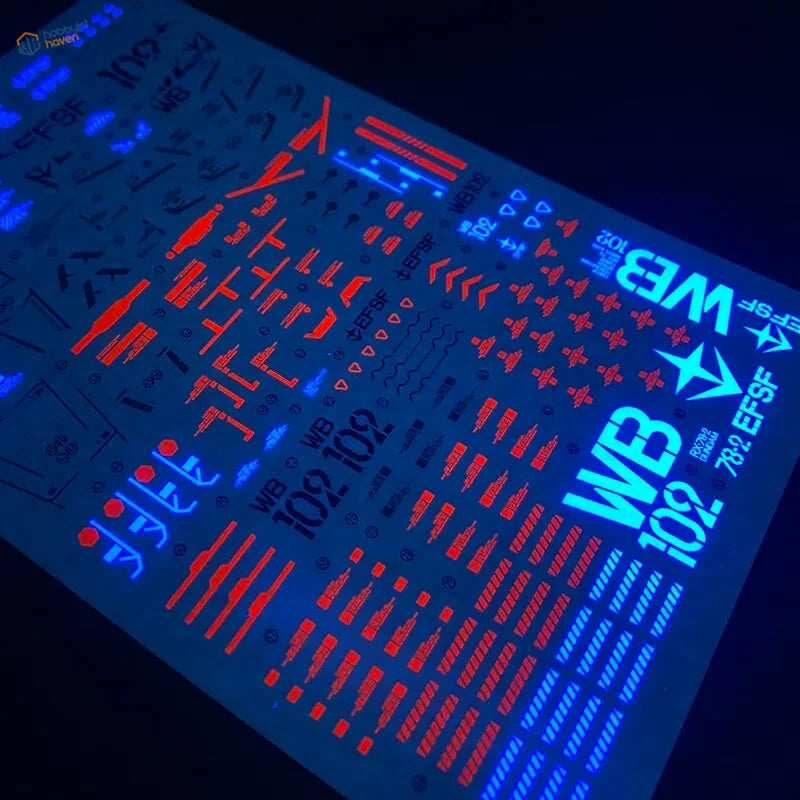 Blue red glow-in-the-dark RX-78-2 decals sheet for 1/72 scale modeling