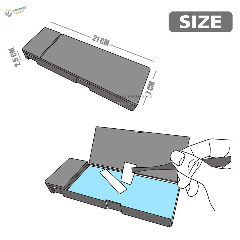 Gray decal tray toolbox with compartments and hinged lid
