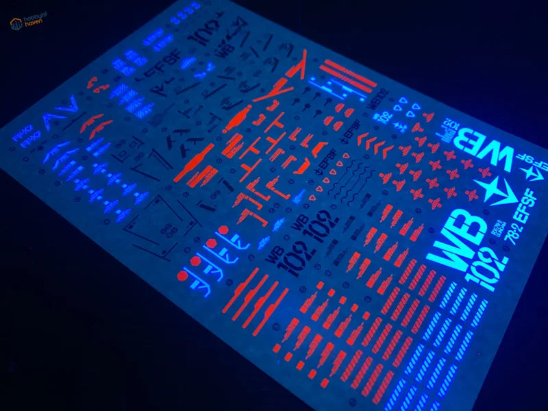 Glow-in-the-dark RX-78-2 decals sheet with red blue markings for 1/60 scale modeling