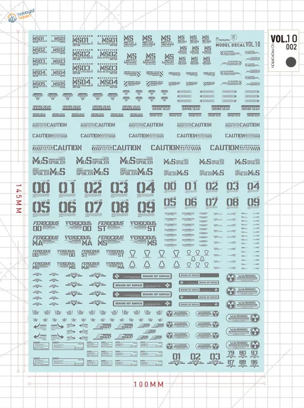 Light blue Gundam decal sheet with black warning signs, numbers, symbols for Gunpla model building tools